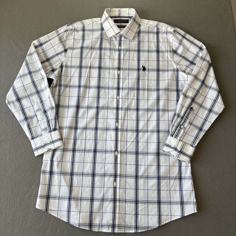 US Polo Assn Mens Button Down Shirt White Plaid Wrinkle Resistant Size L Classic